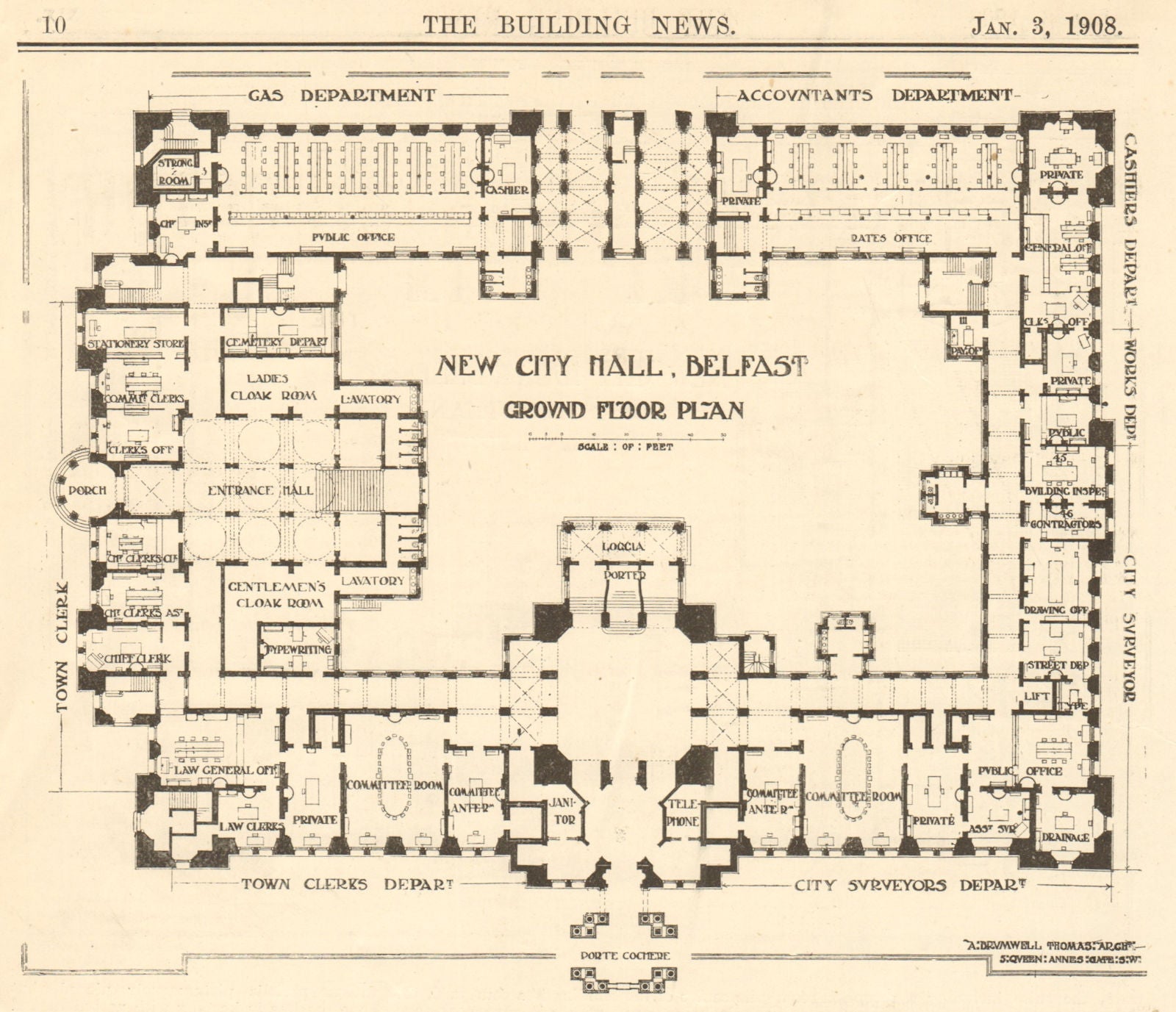 New City Hall, Belfast. Ground floor plan. Ireland 1908 old antique print